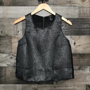 Forever 21 Metallic Woven Crop Tank Top Black Silver Festival Rave Witchy Size S